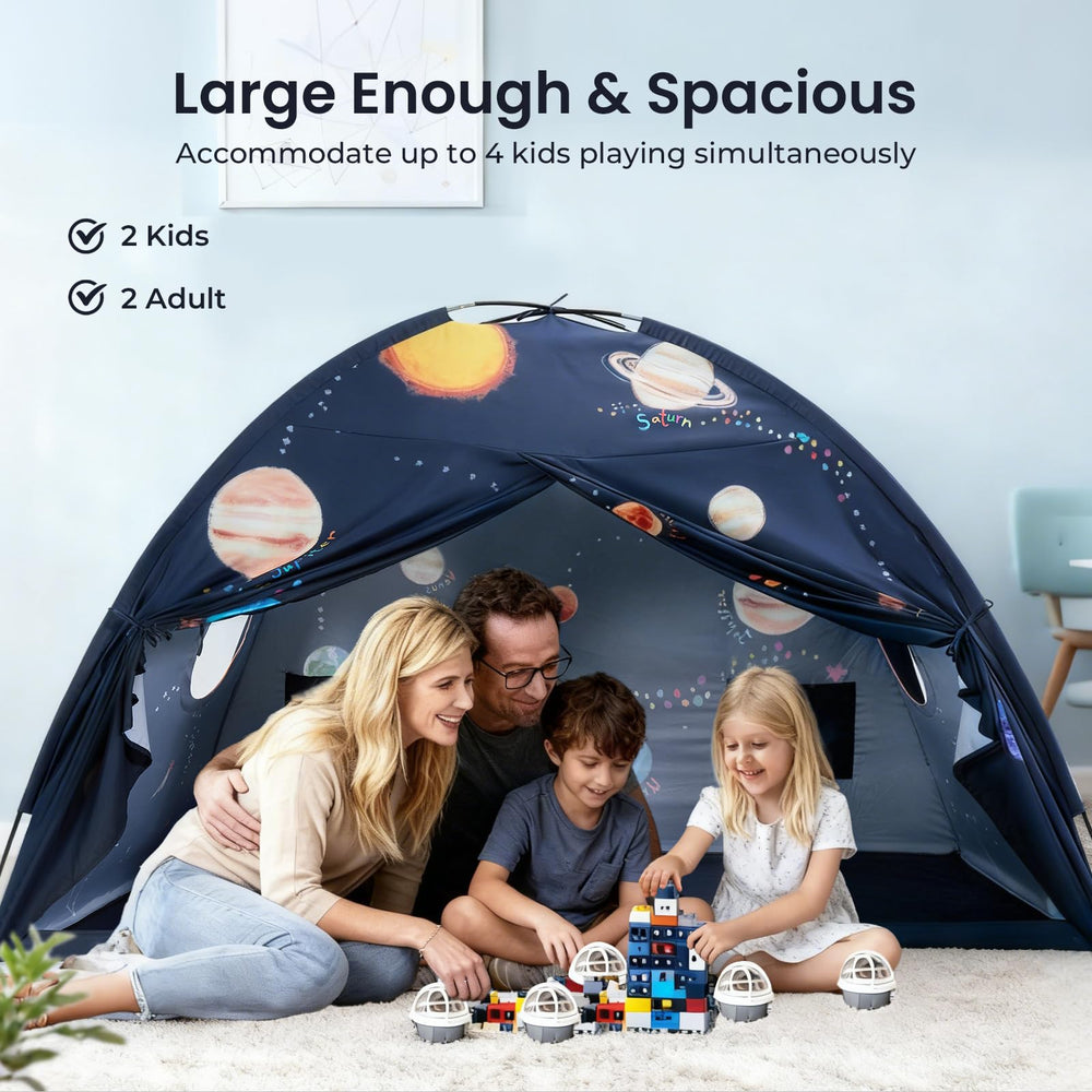 Easy assembly demonstrated for the Tiny Land Space Galaxy Bed Tent with two lightweight poles.
