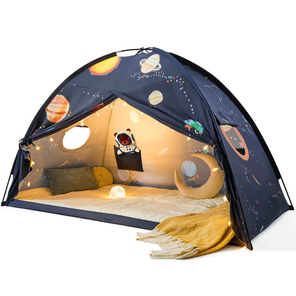 Tiny Land Space Galaxy Bed Tent with nine-planet design for imaginative bedtime adventures.