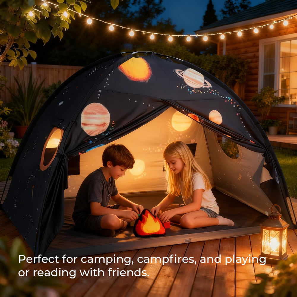 Top hanging loop enables string lights in the Tiny Land Space Galaxy Bed Tent.