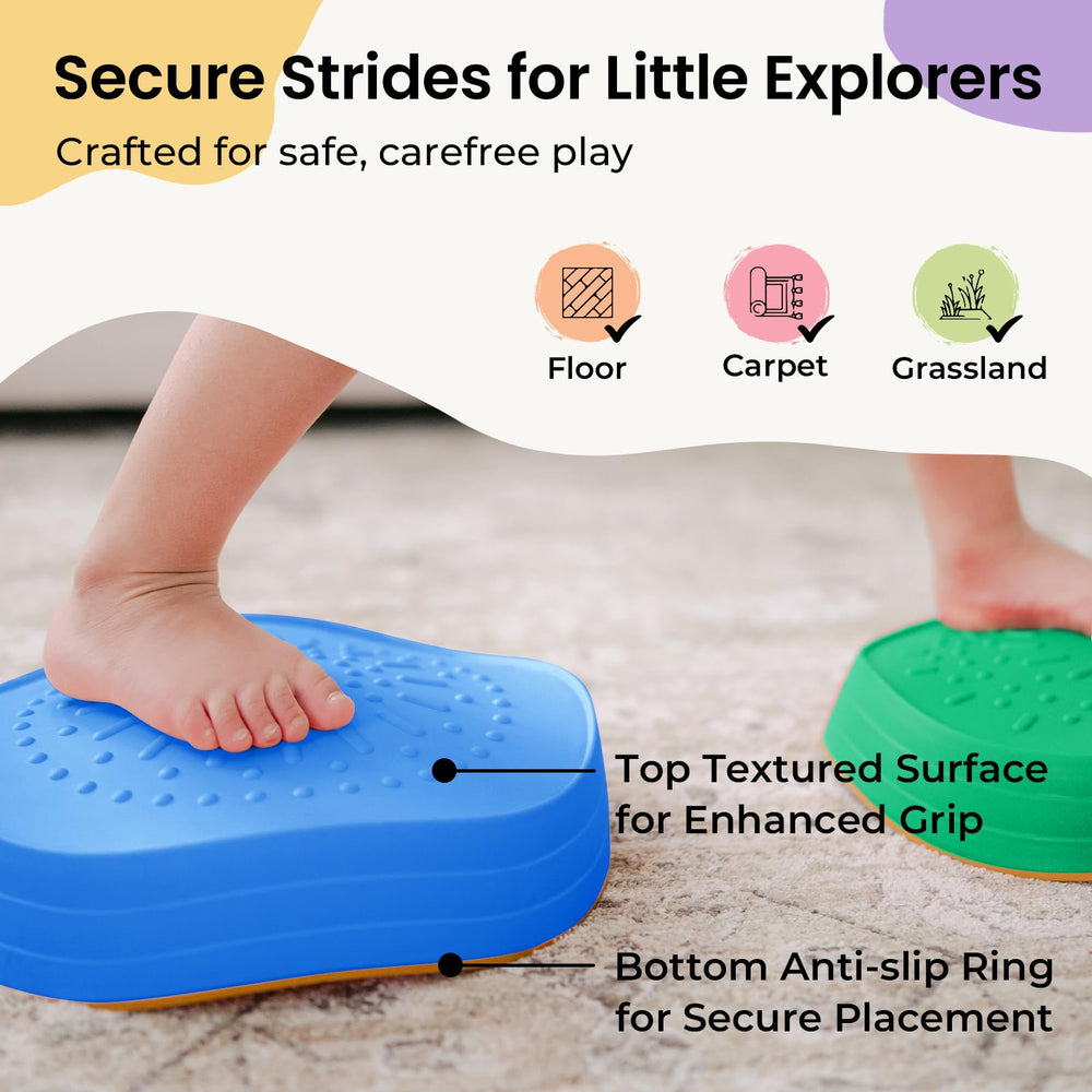 Children jump between Tiny Land stepping stones to improve balance and coordination.