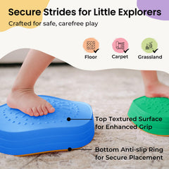 Children jump between Tiny Land stepping stones to improve balance and coordination.