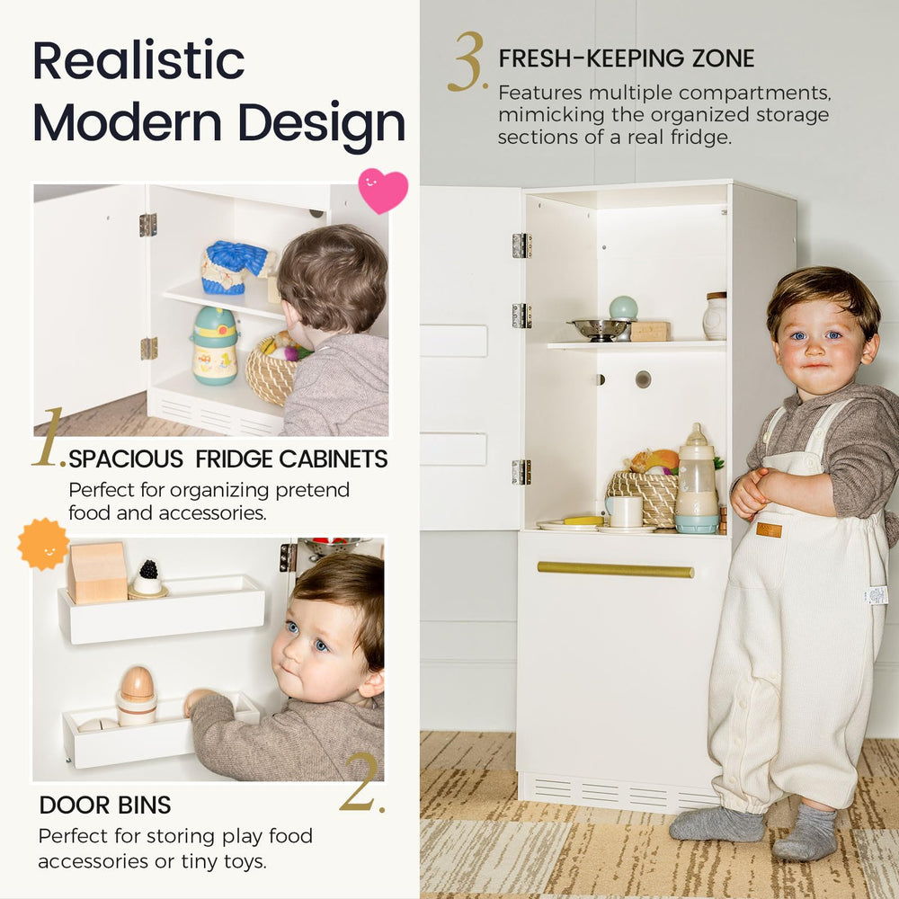 Tiny Land fridge shows a separate freezer compartment for pretend cold items.