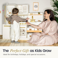 Kid-friendly wooden design blends with most play kitchens.