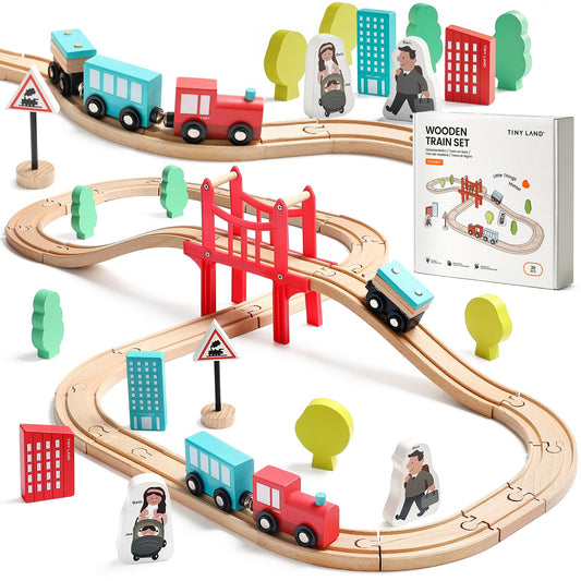 Tiny Land wooden train set 39 pcs on smooth beech wood for safe toddler play.
