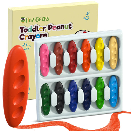 TinyGeeks 12 Peanut Crayons pack shot with bright colors for creative play