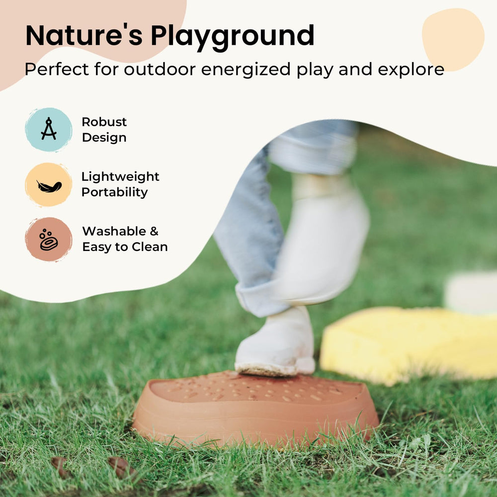 Tiny Land stepping stones arranged for a kid-friendly obstacle course.