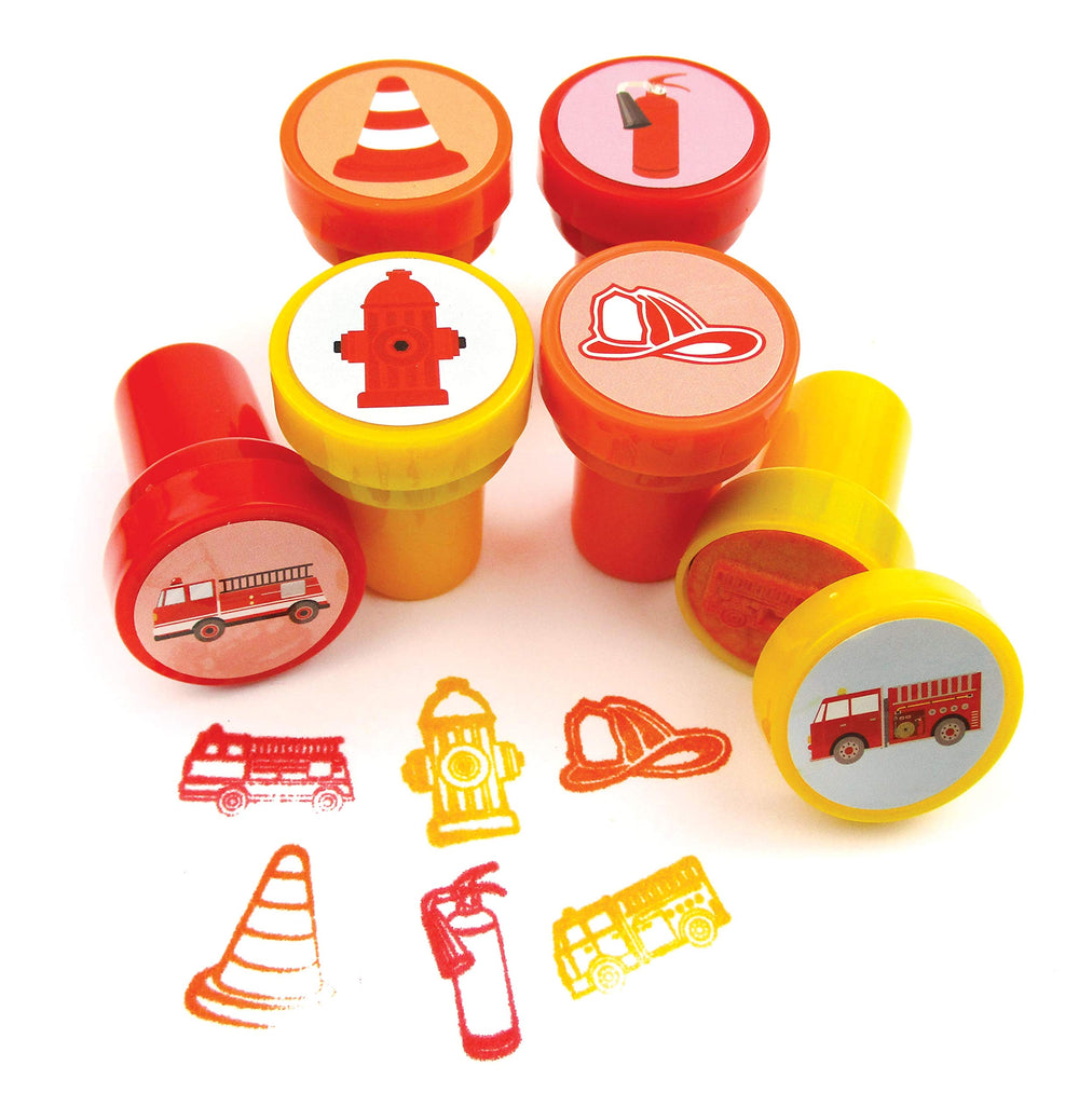 TINYMILLS preinked firetrucks stampers closeup, ready for mess-free art projects.