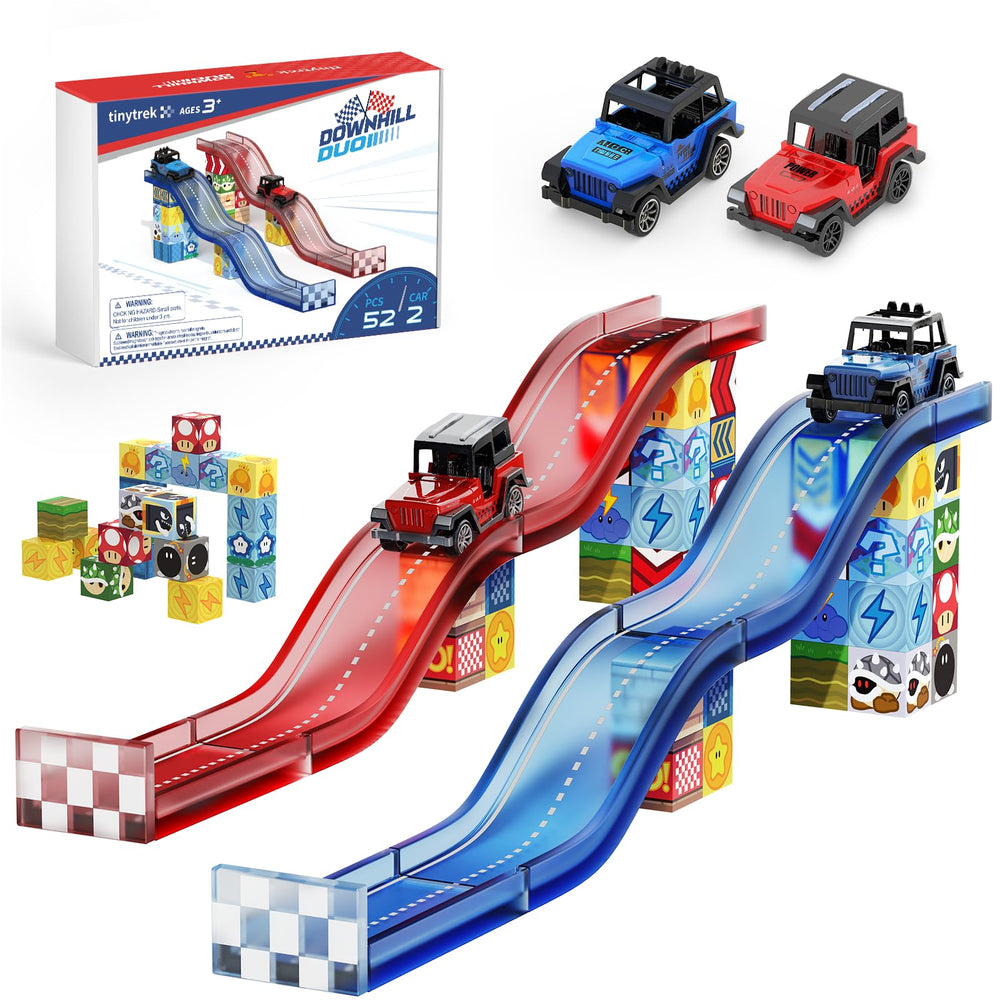 tinytrek magnetic tiles race track set shown as a complete build promoting imaginative play and learning