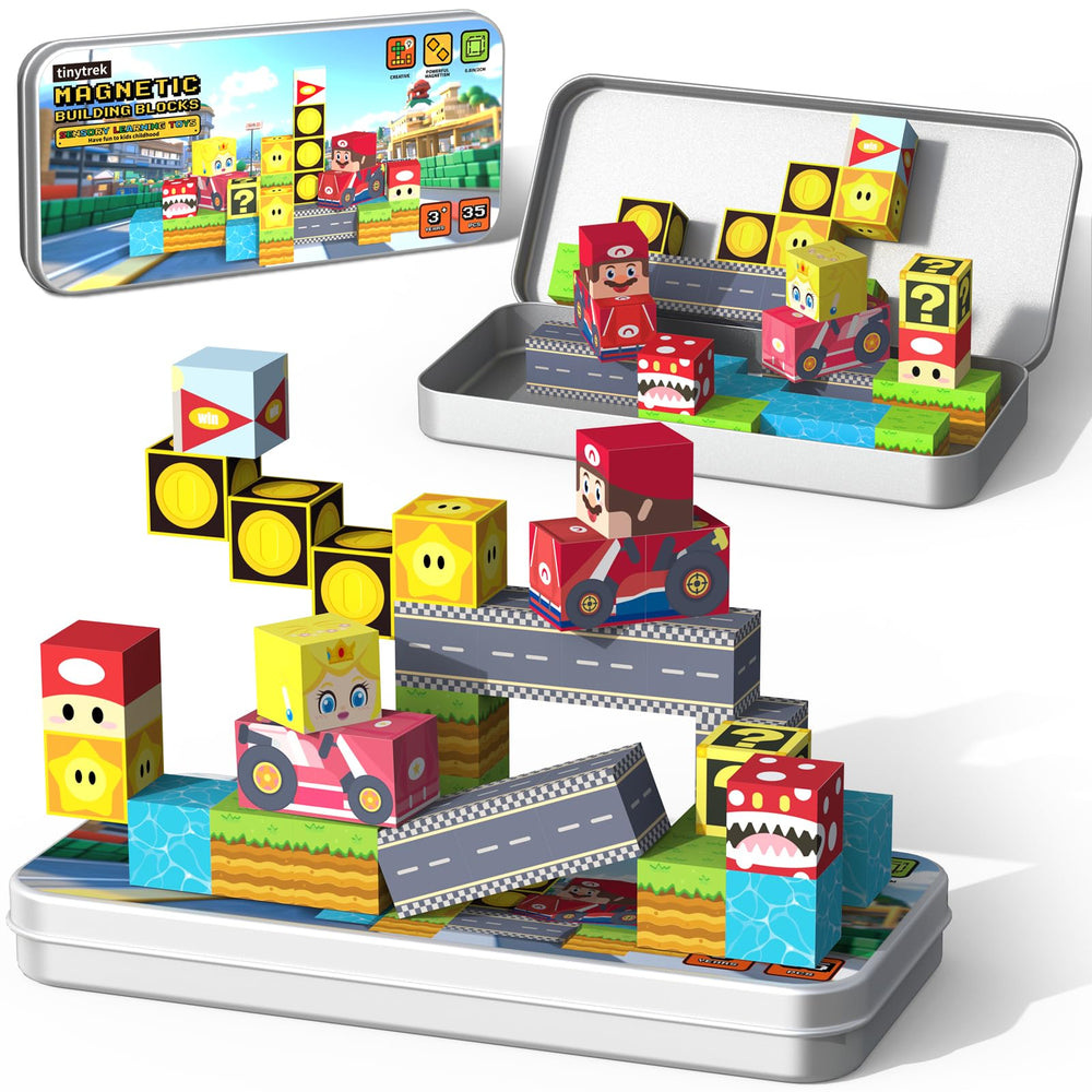 Tinytrek 35 PCS mini magnetic tiles travel box showcasing portable STEM setup for travel learning.