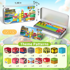 Tinytrek travel magnets on plane surface encourage quiet, creative building during trips.