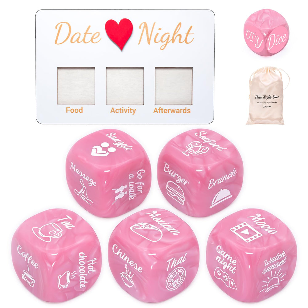 Tinzum Date Night Dice pearl pink set with dice and board, inspiring spontaneous date ideas.