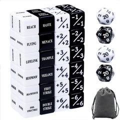 Tinzum MTG keywords dice set white and black front view with readable counters