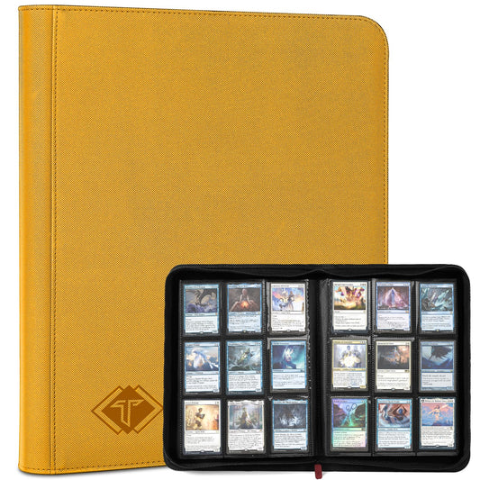 TiopLior trading card binder yellow cover showcases 9-pocket layout for MTG and sports cards.