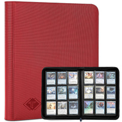 TiopLior trading card binder red cover showing organized MTG and sports cards