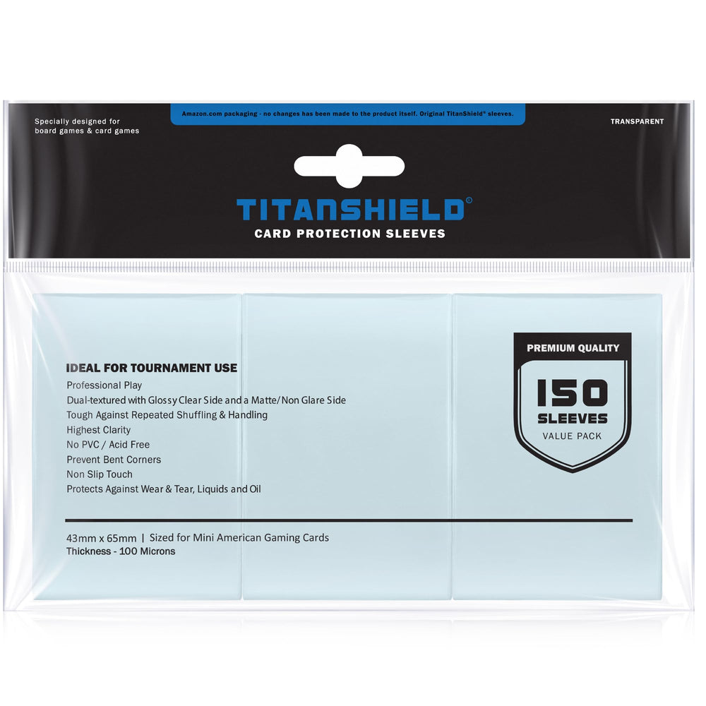 TitanShield clear mini American size sleeve 43x65mm for smooth shuffling and protection.