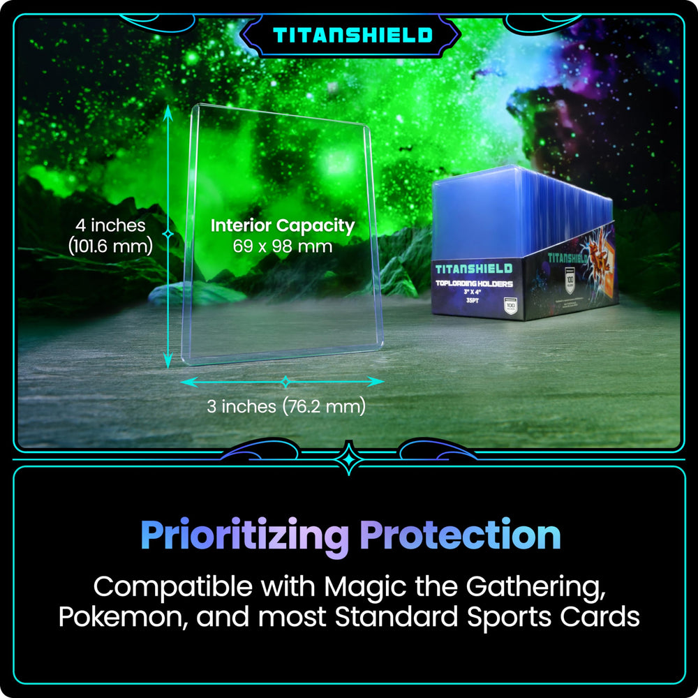 TitanShield 3x4 seamless toploader securely fits standard 2.5x3.5 inch cards.