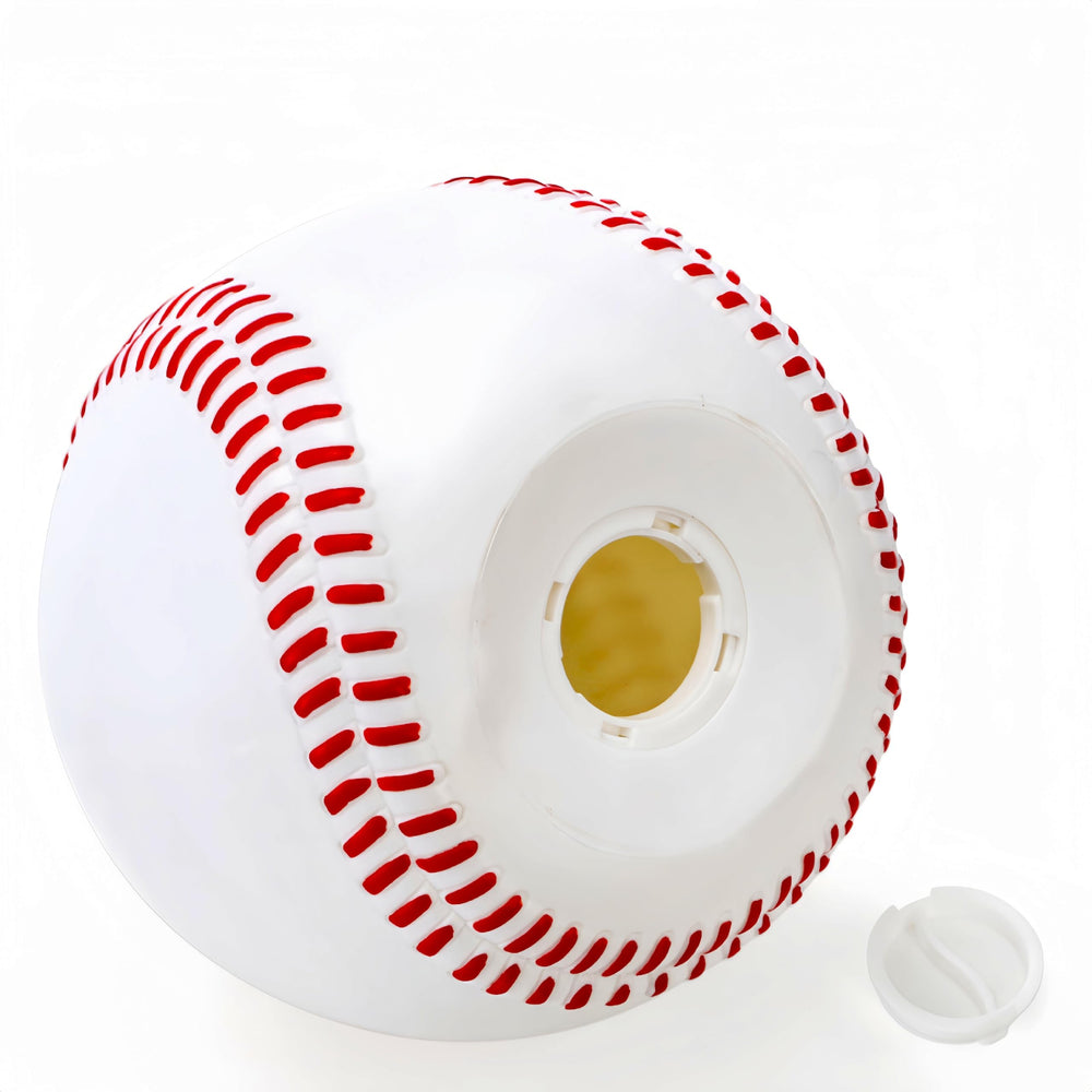 Tlence baseball bank bottom plug enables easy retrieval when needed.