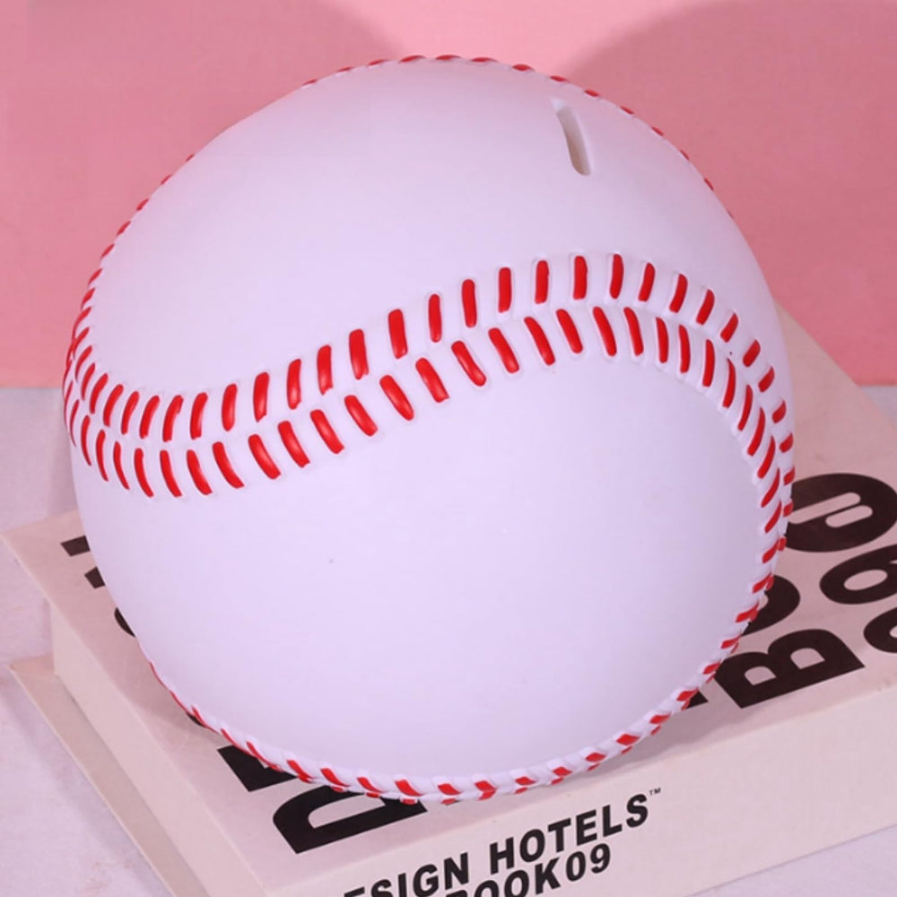 Tlence baseball piggy bank with wide top slot eases coin insertion.