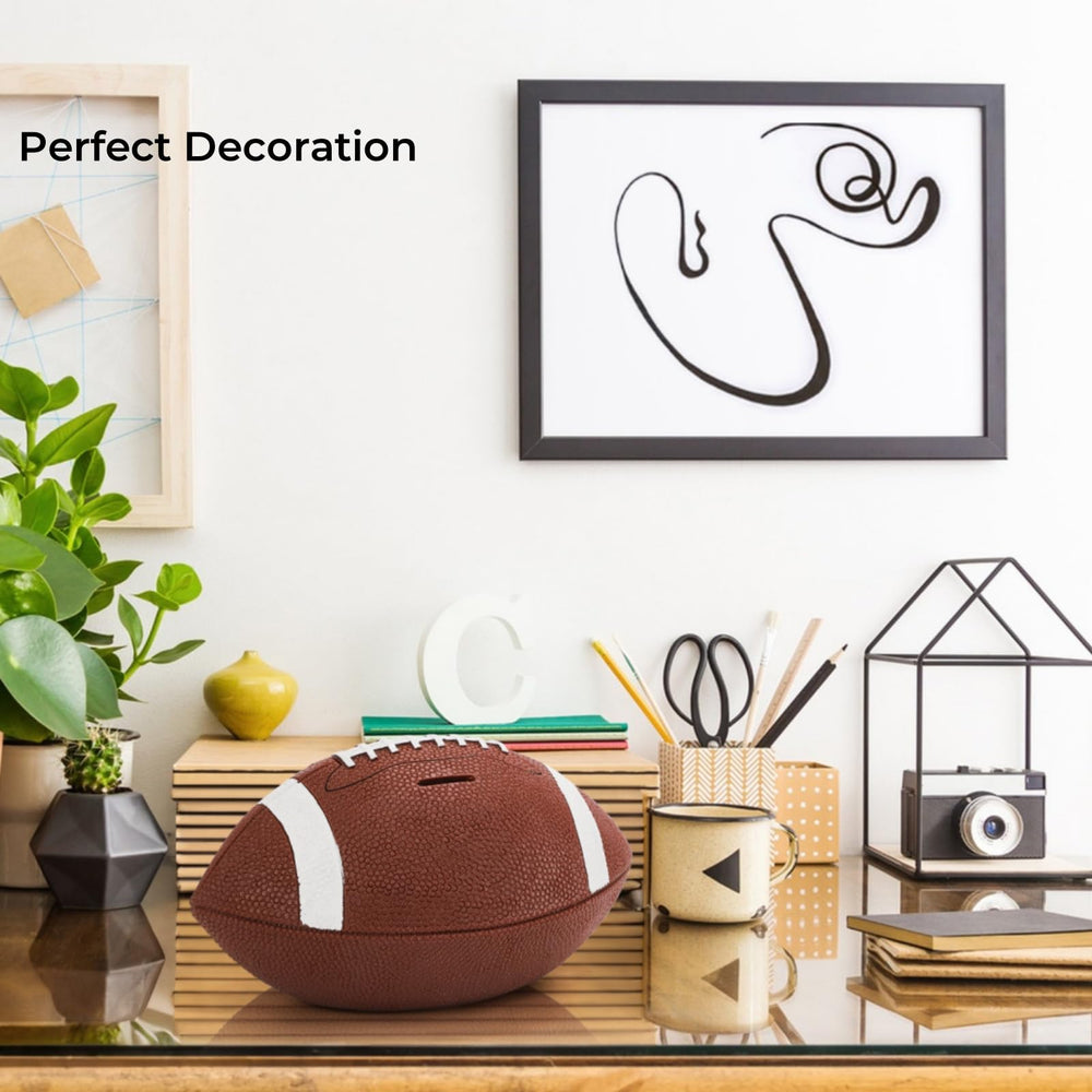 Tlence football bank on shelf adds playful decor and savings habit.