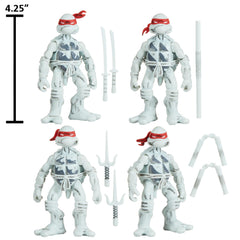 TMNT B&W four-pack back view highlights authentic vintage styling and poseable characters