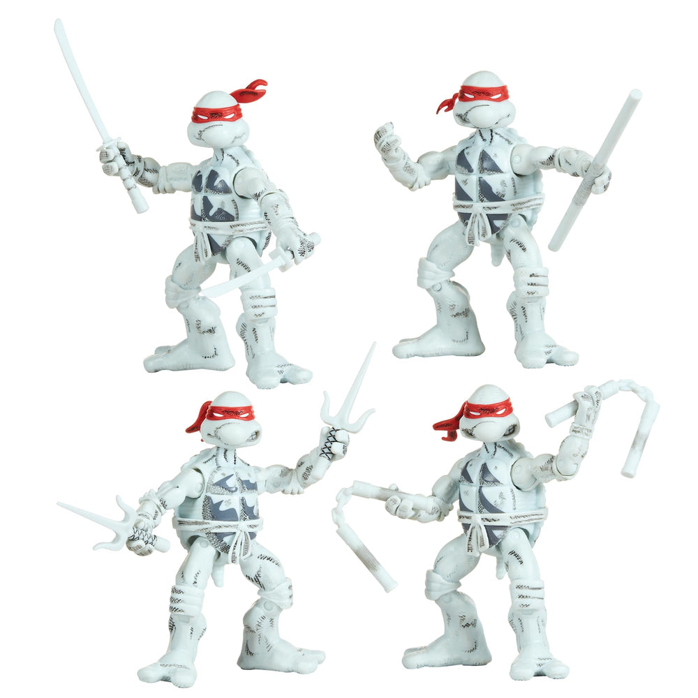 TMNT B&W four-pack front view shows retro comic-inspired figures for display