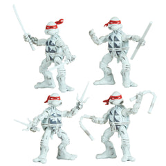 TMNT B&W four-pack front view shows retro comic-inspired figures for display