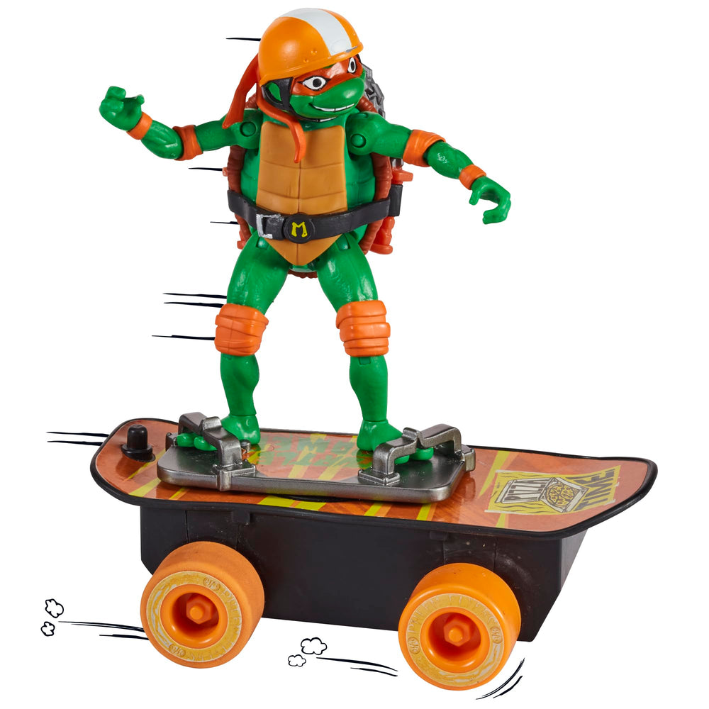 TMNT Mutant Mayhem Michelangelo helmet detail image, highlights protective gear for pretend skating.