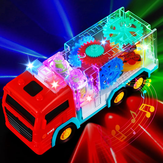 TNOIE Fire Trucks toy with light-up LEDs and rotating gears for engaging play.