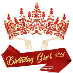TOBATOBA red crown with rhinestones, closeup on sparkling details for photos