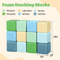 Todiby foam building blocks 12-piece yellow-green side view showing wipe-clean surface for quick cleanup.