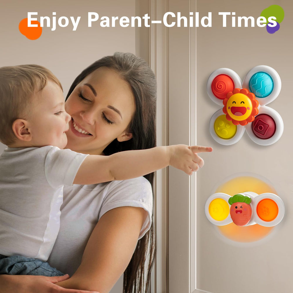 TOHIBEE suction cup spinner toy on smooth surface supports versatile bath and table play.