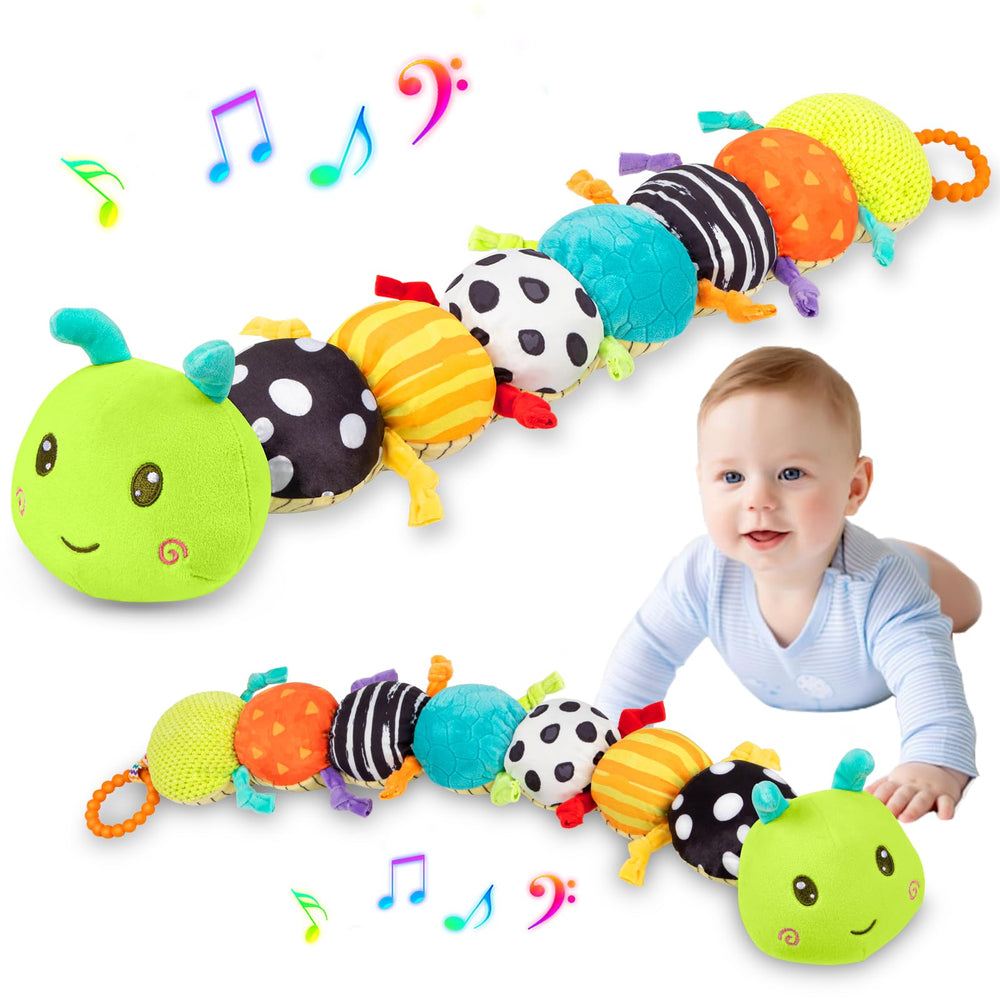 TOHIBEE baby caterpillar toy close-up shows plush rattle and crinkle textures for sensory play