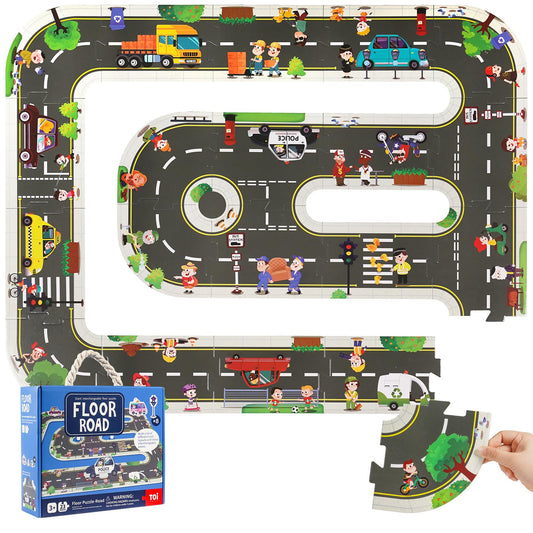 TOI giant floor puzzle city-theme pieces promote imaginative play and motor development.