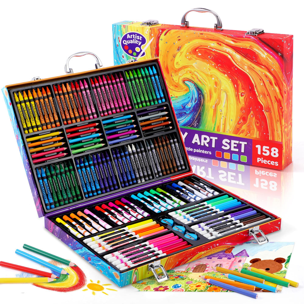 Toidgy deluxe 158-piece art kit open case, ideal for travel and classroom crafts.