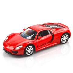 TOKAXI 1/36 Porsche 918 Spyder front view in red, durable die-cast toy.