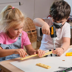 TOMLEON battery-operated drill demonstrates realistic pretend construction for energetic play