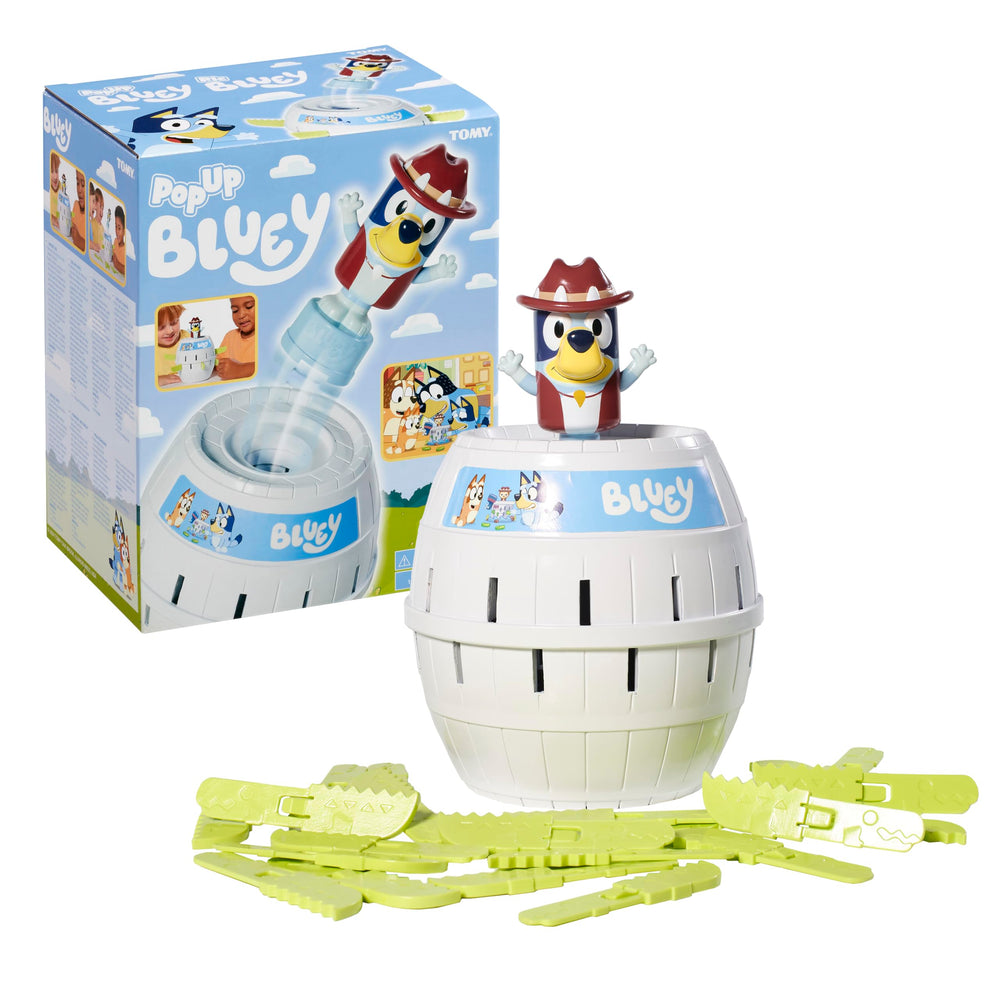 TOMY Pop Up Bluey barrel ready for family game night