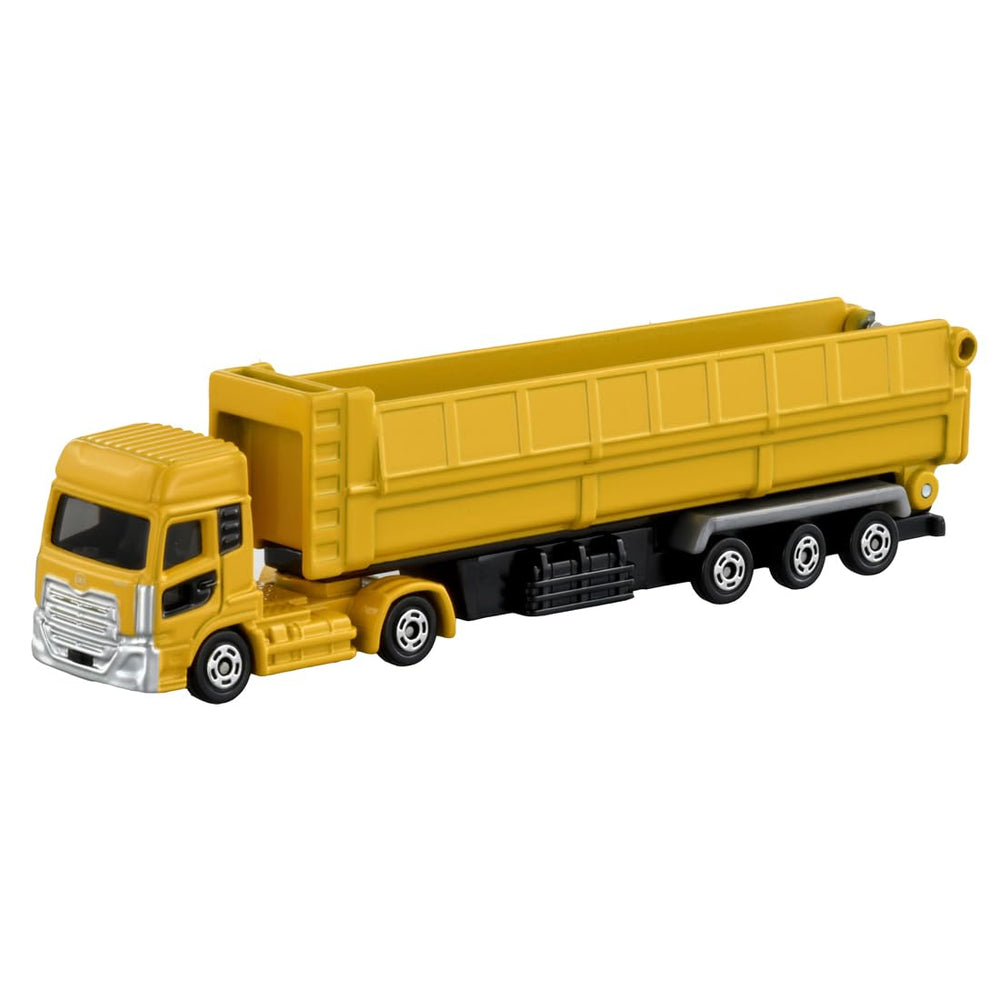 TOMY Tomica Long Type 147 UD Quon trailer dump front view highlighting sturdy play-ready design