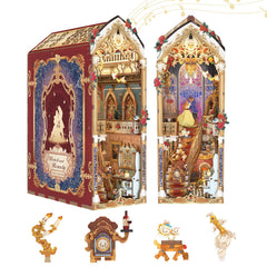 Tonecheer Beast and Beauty book nook kit with warm LED lighting showcases the scene.