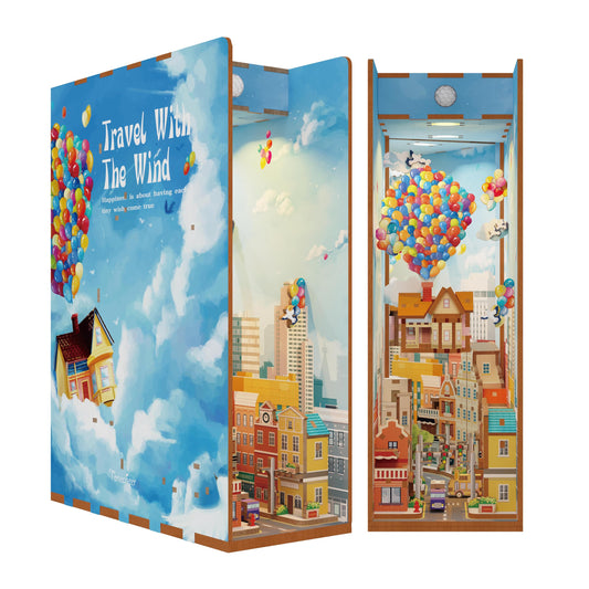 Tonecheer Book Nook Kit Travel with The Wind house on a shelf boosts cozy storytelling ambiance.