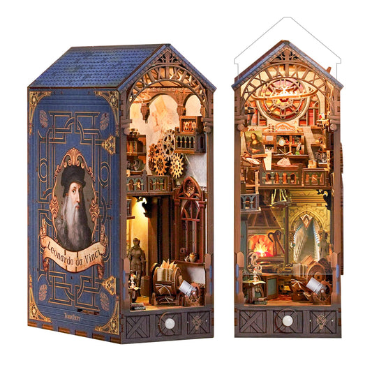 Tonecheer book nook kit with Leonardo da Vinci studio scene enhances bookshelf decor