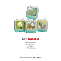 Tonies Inventions 4 Pack tracklist graphic highlights Printing Press to Internet.