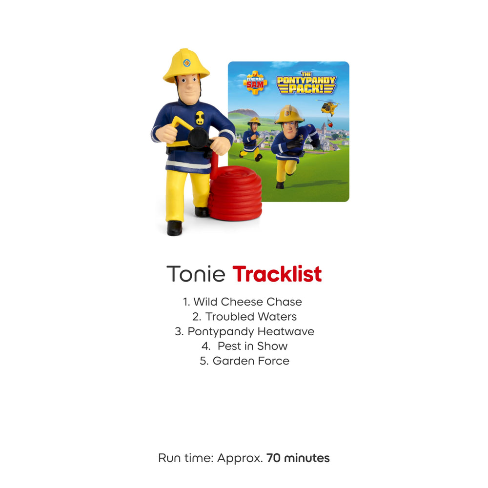 Unboxing shows the Fireman Sam figurine and five English stories for Toniebox use.