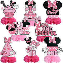 TONIFUL 1st Birthday Pink Mouse centerpieces with honeycomb bases for festive tables.