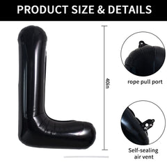 TONIFUL black L letter balloon in packaging, premium foil finish.