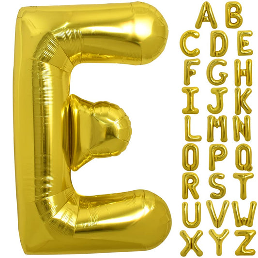 TONIFUL 40-inch gold E balloon front view showcases bold party decor possibilities.