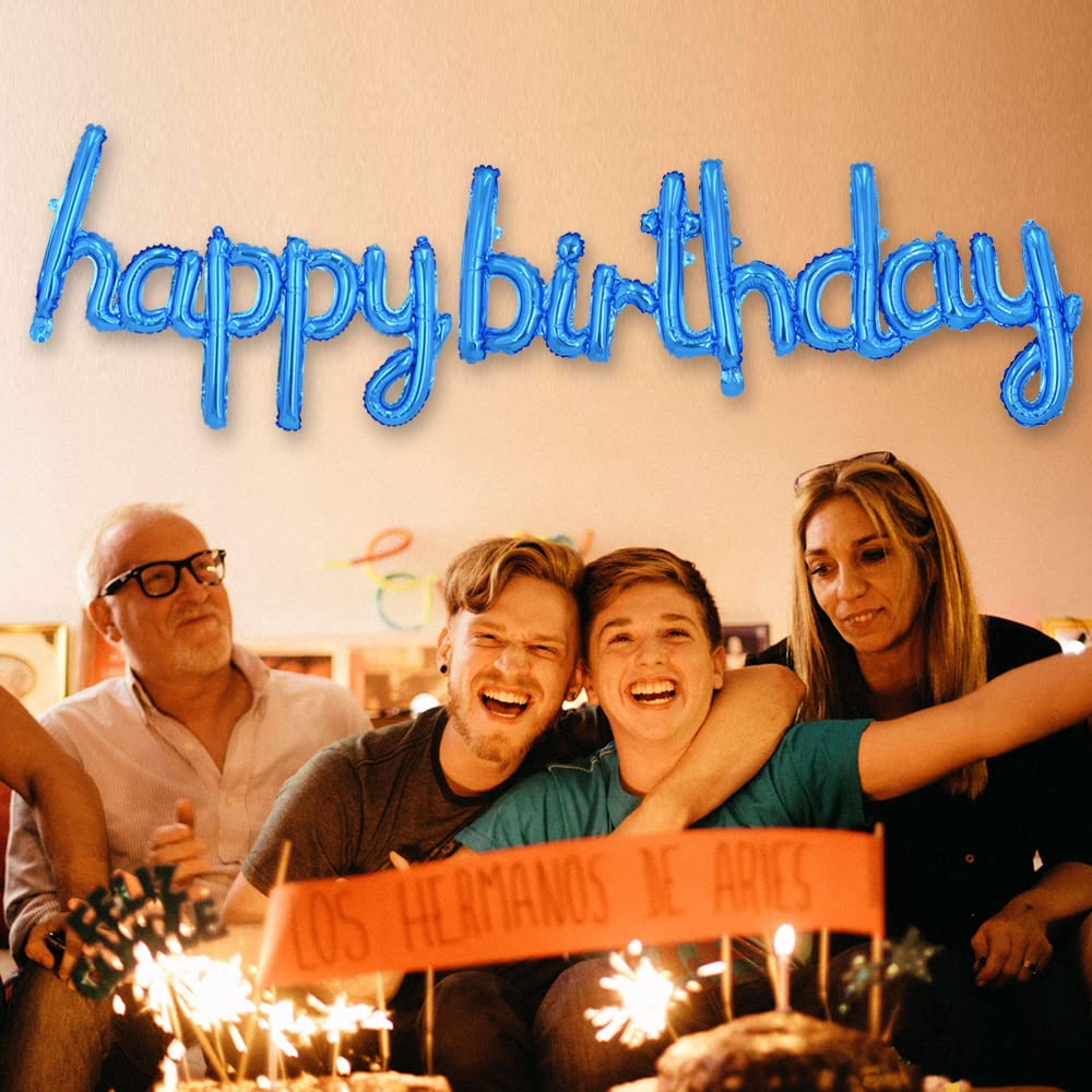 TONIFUL Blue Happy Birthday banner displayed as a backdrop in a bright room.