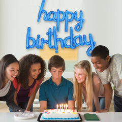 TONIFUL Blue Happy Birthday banner decorating a living room for a celebration.