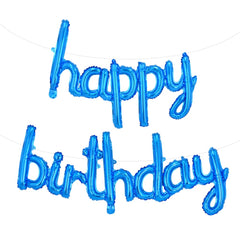 TONIFUL Blue Happy Birthday banner close-up shows shiny cursive letters for festive photo backdrop.