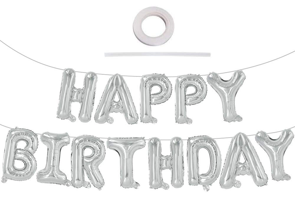 TONIFUL silver Happy Birthday banner in 16-inch letters for festive home decor.